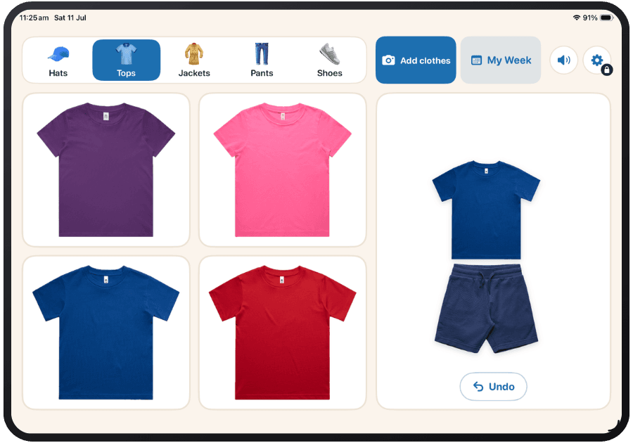 My Closet screen showing a grid of tops with an outfit being built on the right