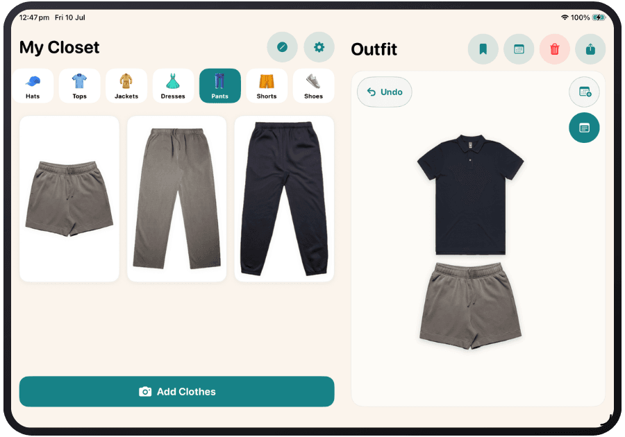 My Closet screen showing a complete outfit selected alongside the clothing grid